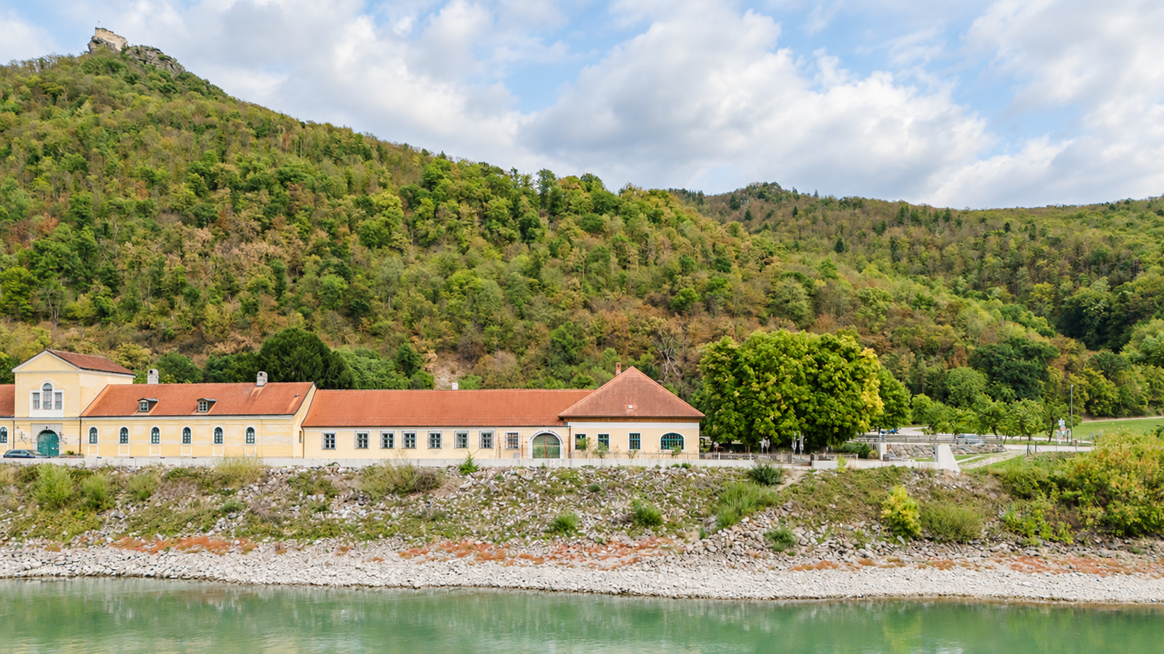 Der Aggsteiner Hof an der Donau, dahinter die bewaldeten Hänge mit der Burgruine Aggstein